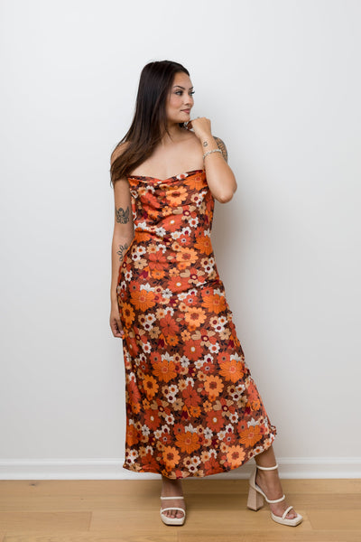 The Groovy Baby Rust Floral Satin Maxi Dress