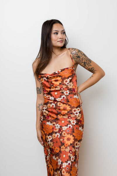 The Groovy Baby Rust Floral Satin Maxi Dress
