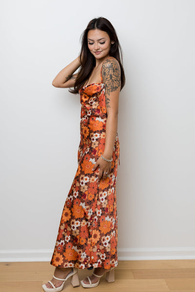 The Groovy Baby Rust Floral Satin Maxi Dress