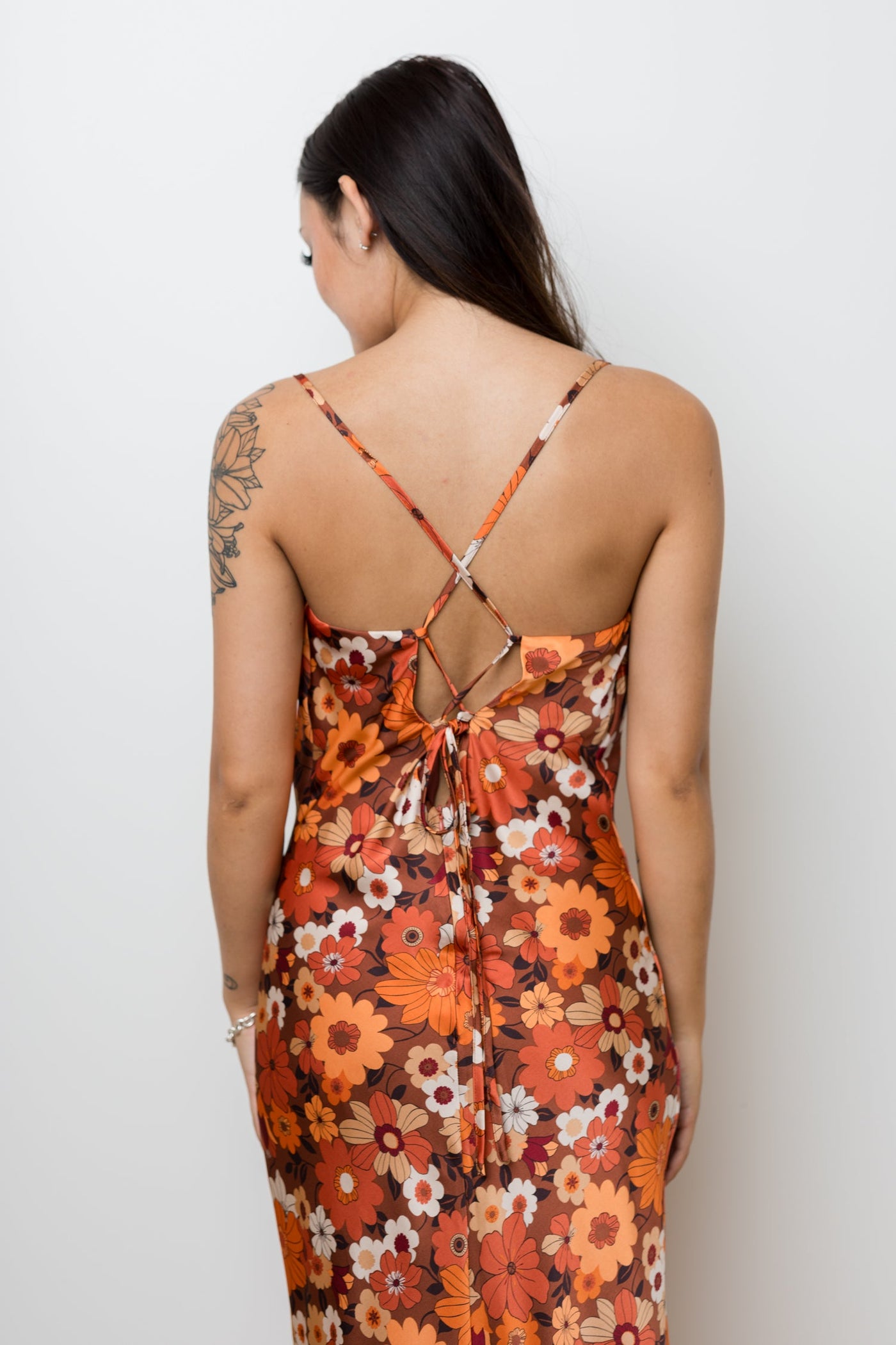 The Groovy Baby Rust Floral Satin Maxi Dress