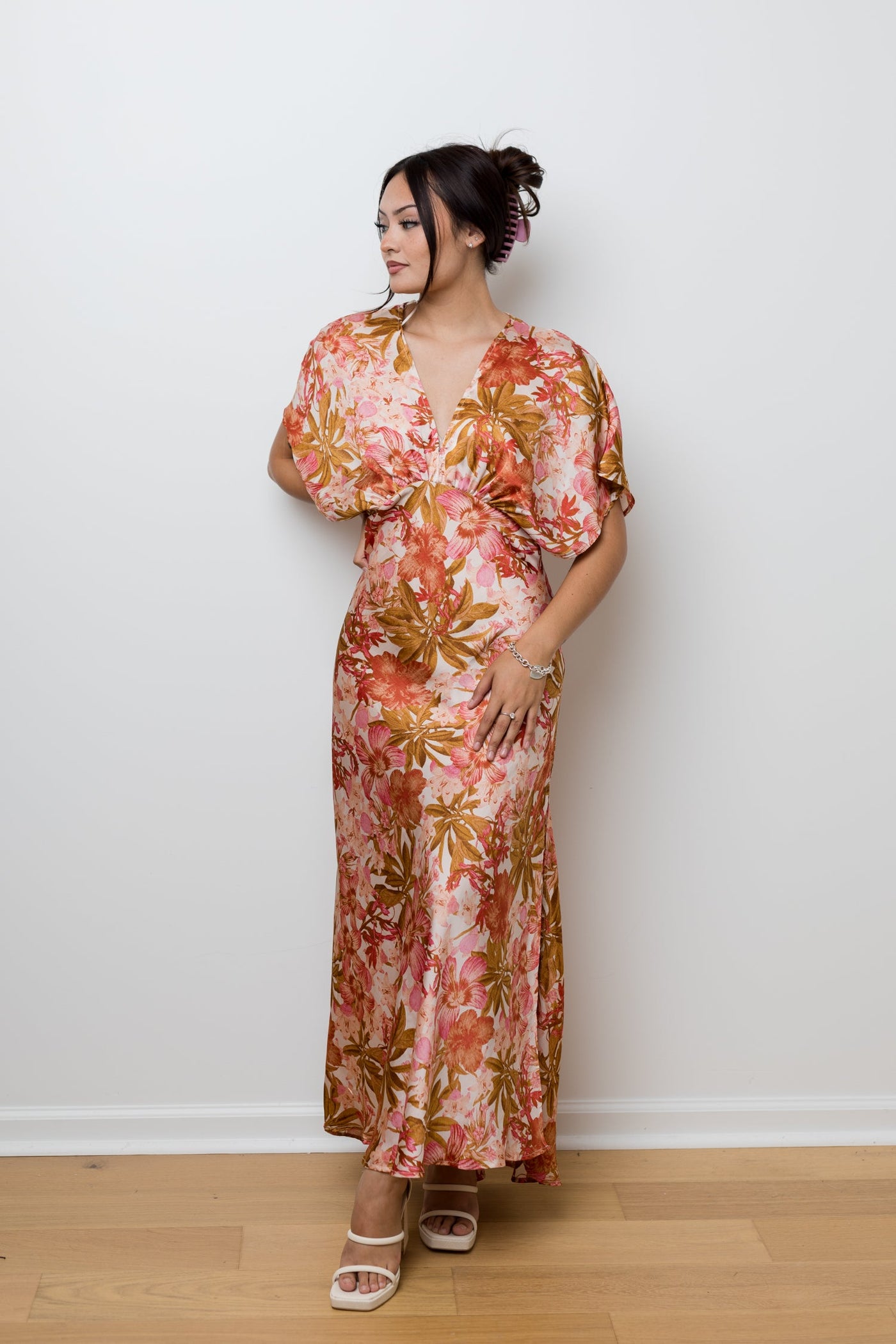 The Autumn Lily Floral Satin Maxi Dress