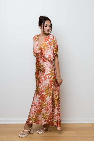The Autumn Lily Floral Satin Maxi Dress