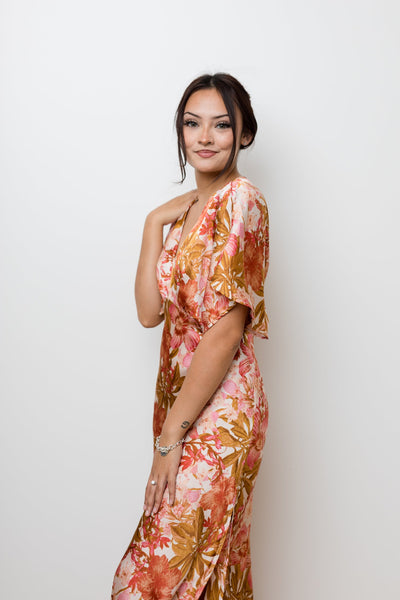 The Autumn Lily Floral Satin Maxi Dress