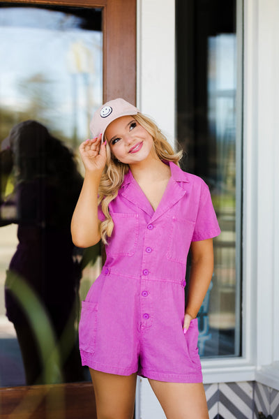 The Asher Pink Short Sleeve Button Up Romper