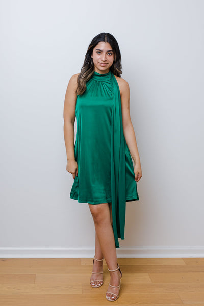 The Air Kiss Green Mock Neck Satin Mini Dress