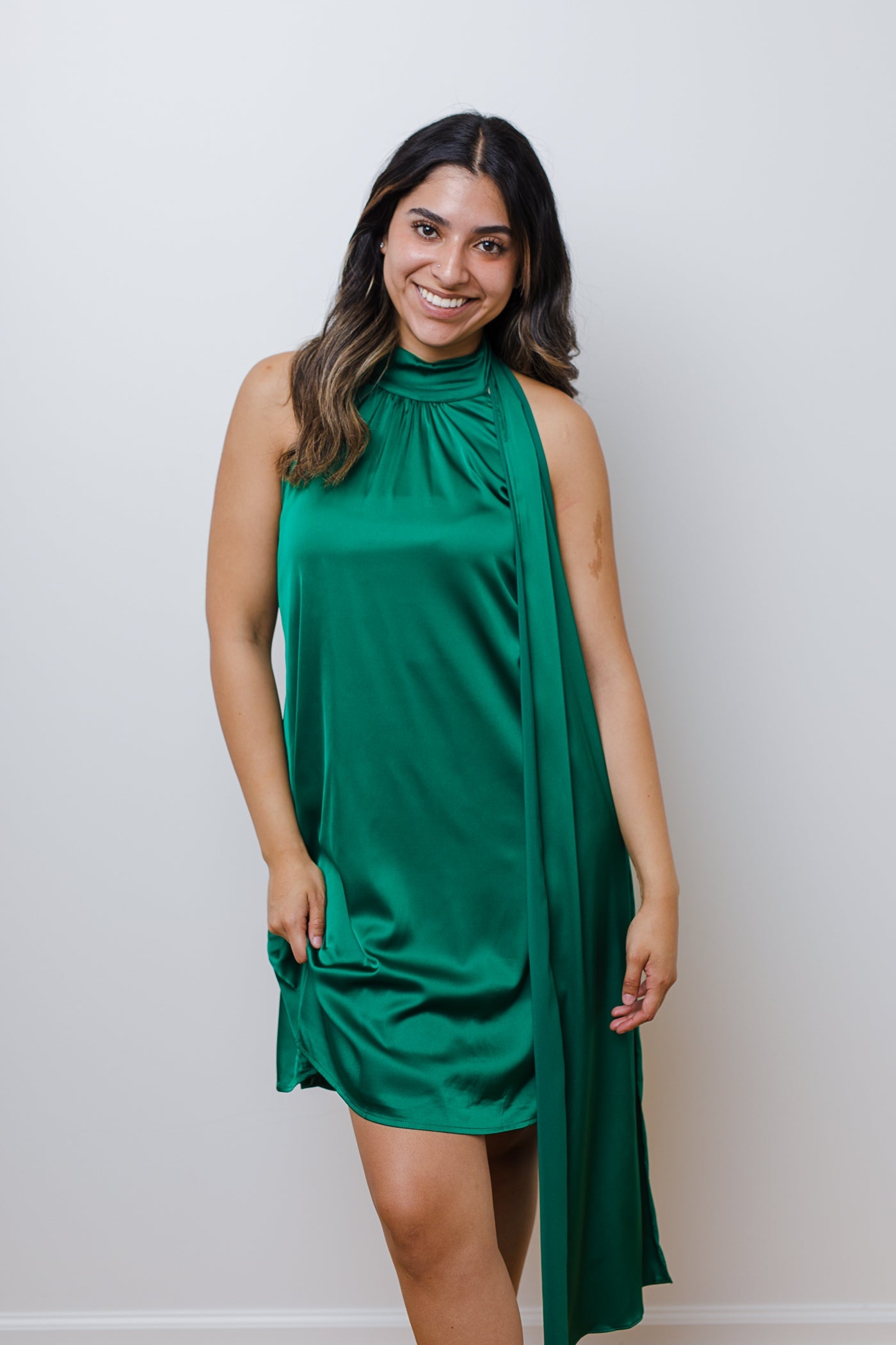 The Air Kiss Green Mock Neck Satin Mini Dress