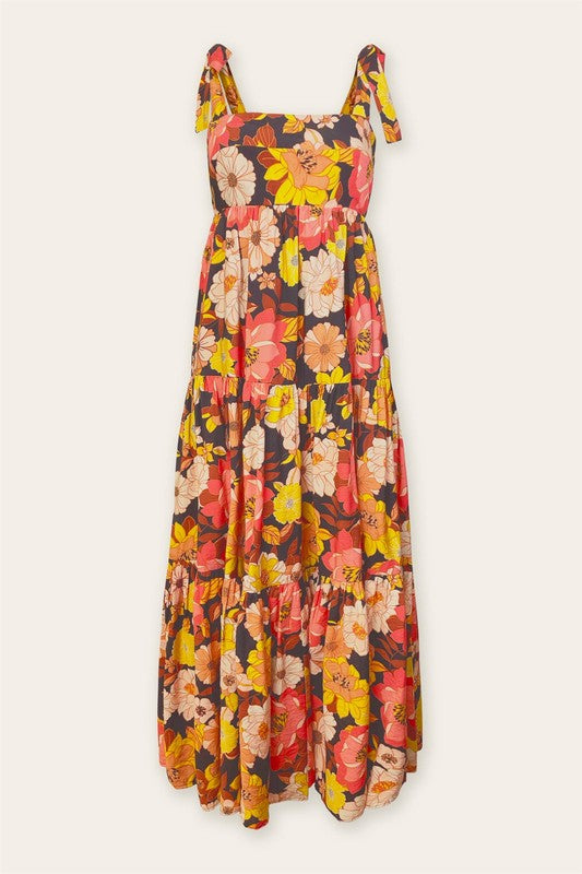 The Mariposa Floral Babydoll Tie Shoulder Tiered Midi Dress
