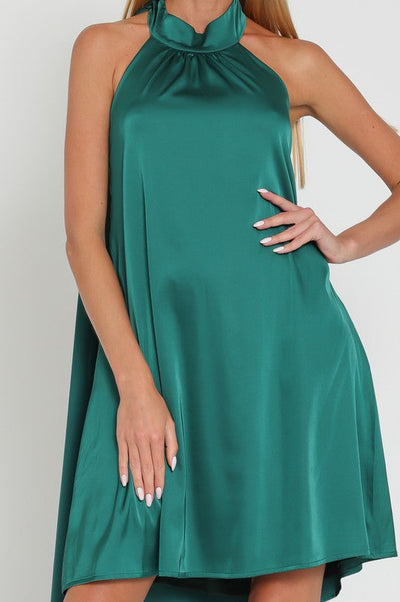The Air Kiss Green Mock Neck Satin Mini Dress