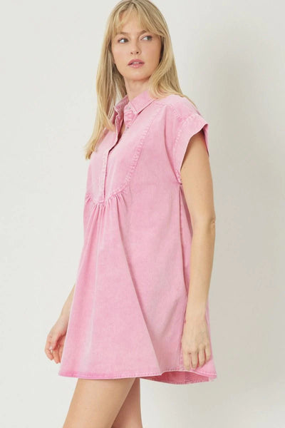 The Tickled Pink Acid Wash Denim Mini Dress