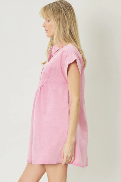 The Tickled Pink Acid Wash Denim Mini Dress