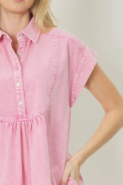The Tickled Pink Acid Wash Denim Mini Dress