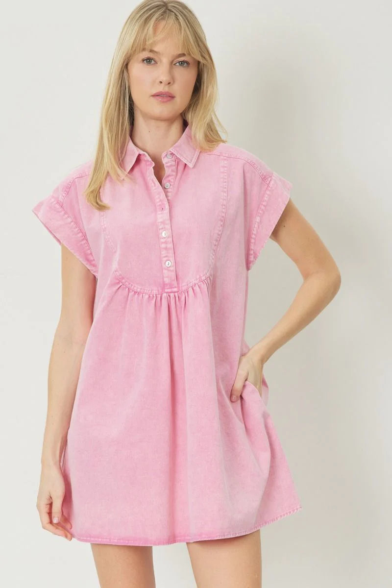 The Tickled Pink Acid Wash Denim Mini Dress