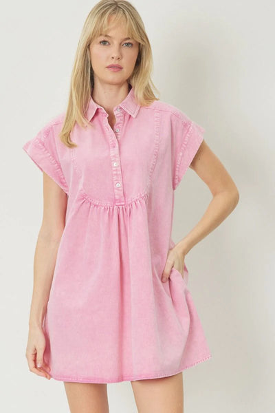 The Tickled Pink Acid Wash Denim Mini Dress