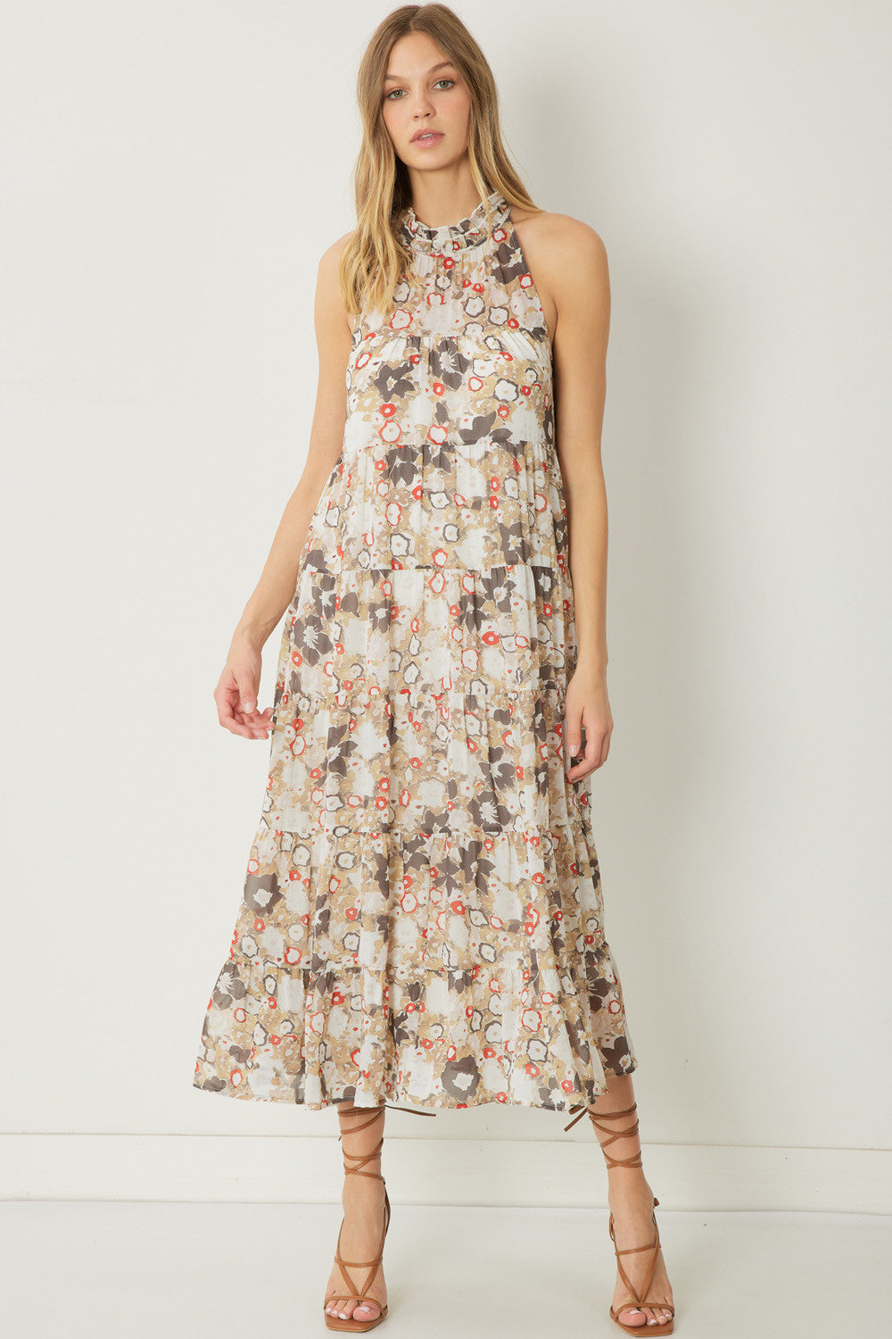The Charlie Taupe Floral Print Sleeveless Midi Dress