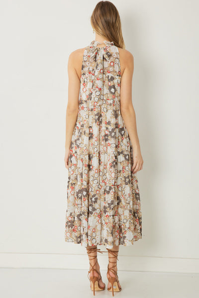 The Charlie Taupe Floral Print Sleeveless Midi Dress