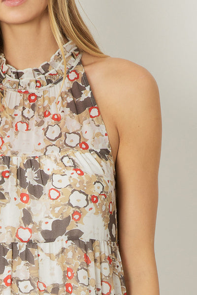 The Charlie Taupe Floral Print Sleeveless Midi Dress