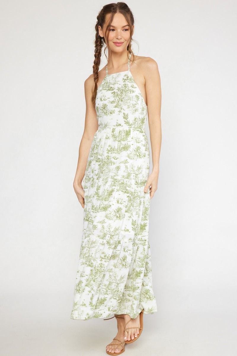 The Tropical Oasis Antique Print Haltered Maxi Dress