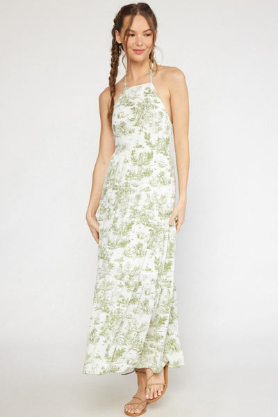 The Tropical Oasis Antique Print Haltered Maxi Dress