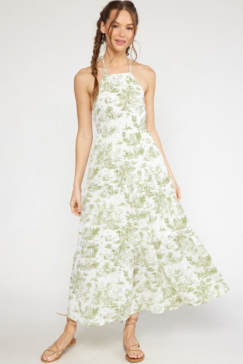 The Tropical Oasis Antique Print Haltered Maxi Dress