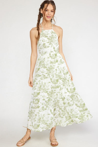 The Tropical Oasis Antique Print Haltered Maxi Dress