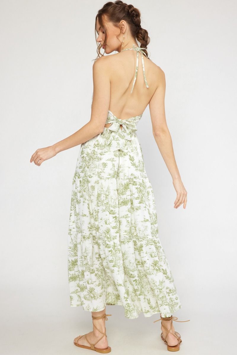The Tropical Oasis Antique Print Haltered Maxi Dress
