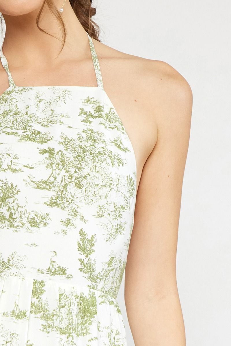 The Tropical Oasis Antique Print Haltered Maxi Dress